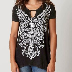 Affliction Woman’s Large Black & White Cross With Angel Wings Short Sleeve Shirt